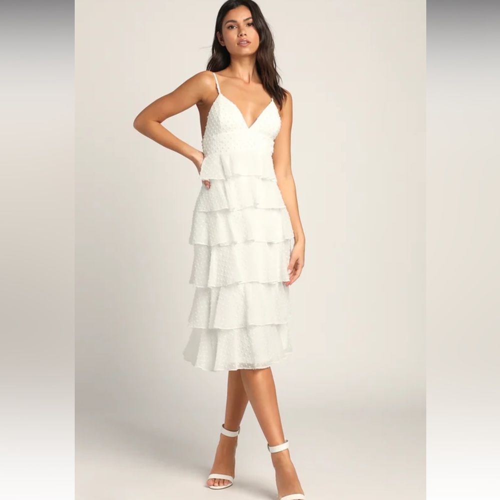 Lulus Tier to You White Swiss Dot Tiered Sleeveless Midi Dress size small